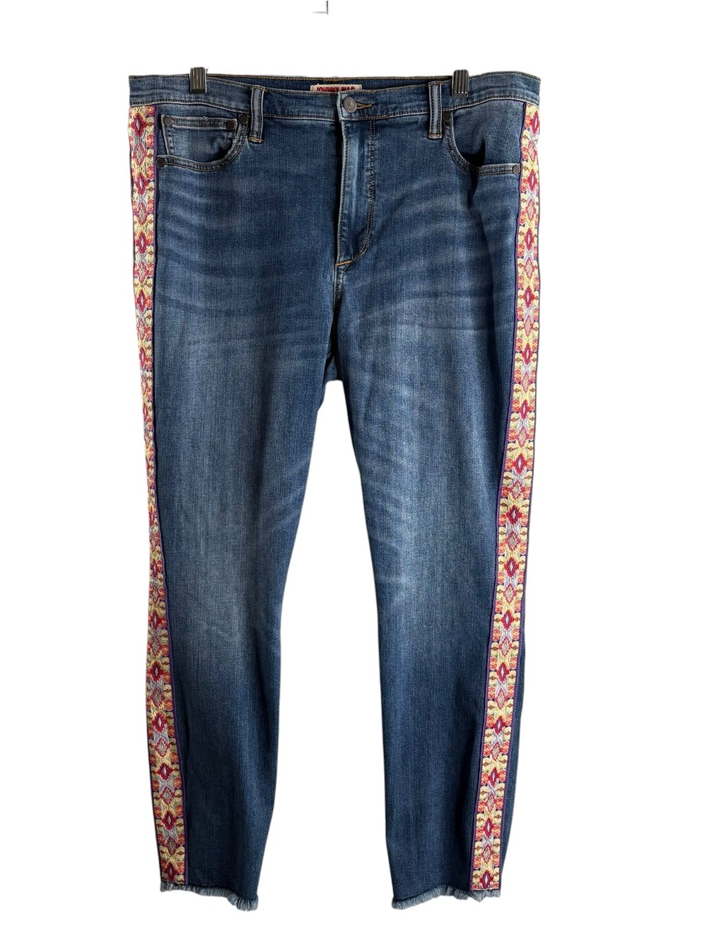 Johnny Was Dark Blue Skinny Jeans with Pink Yellow Embroidered Side Panels $298